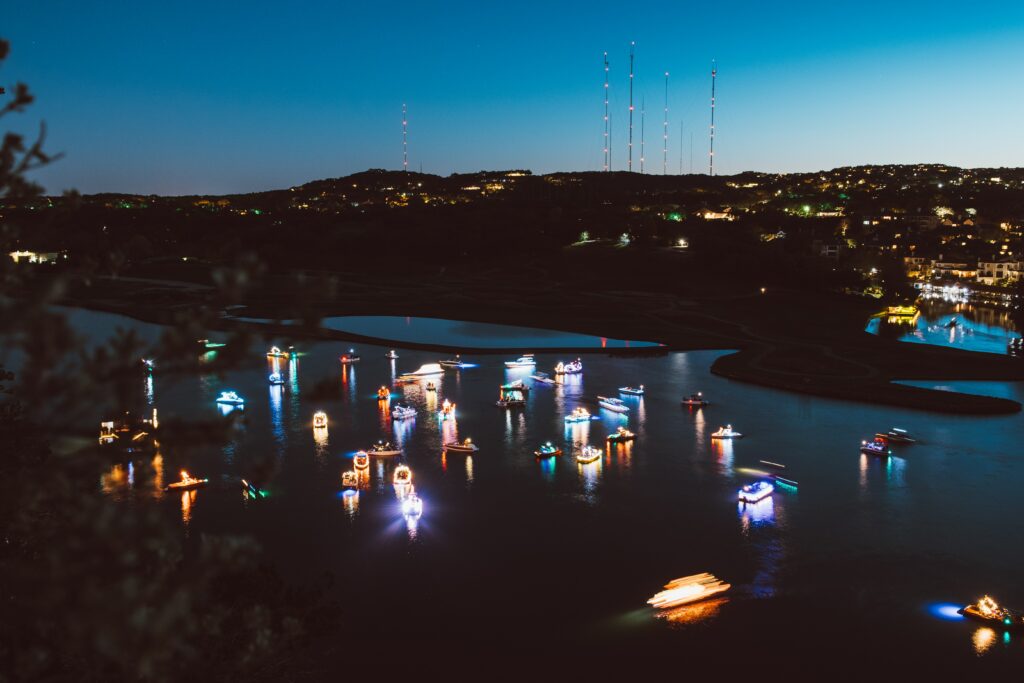 aerial view of boats during night