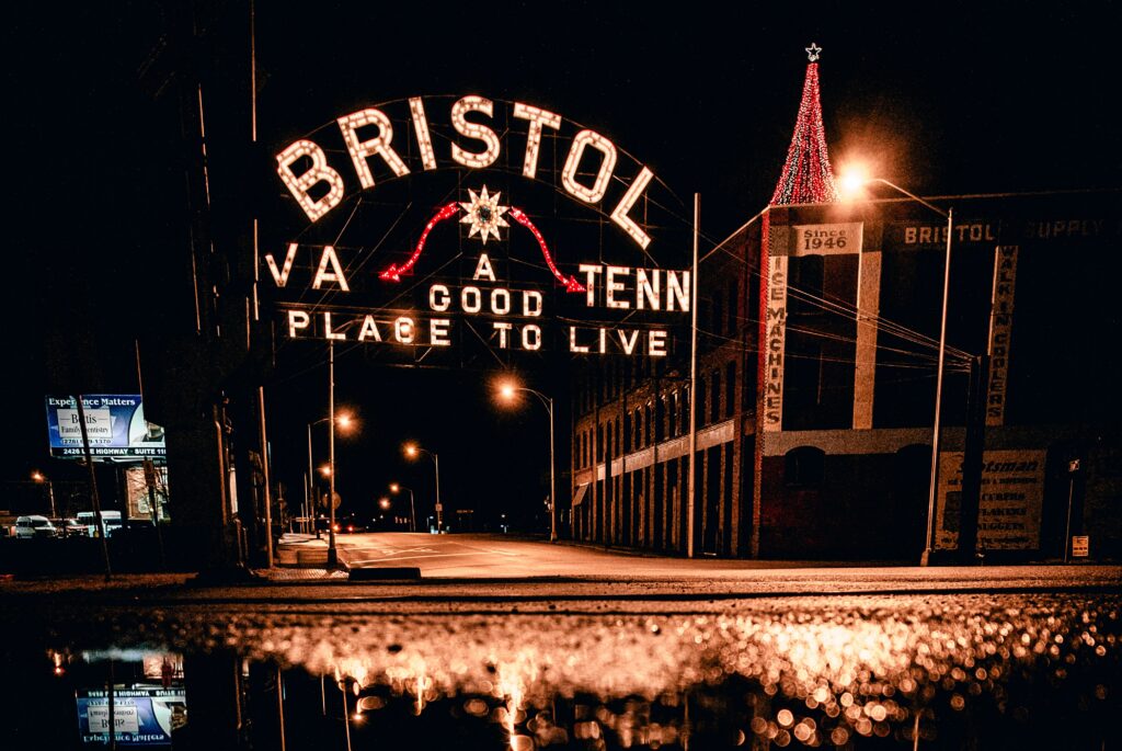 Bristol lit up signage over street 