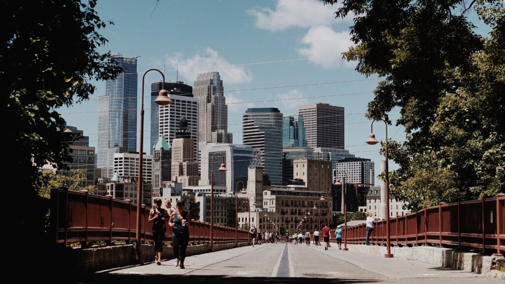 Minneapolis skyline from the view of the stone arch bridge.